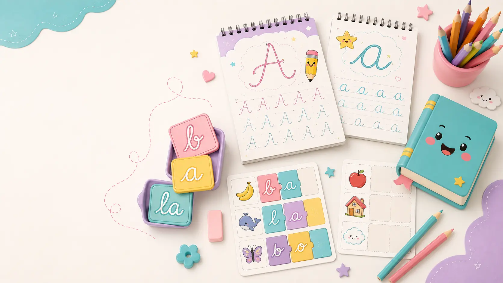 Exercícios ilustrados de letras, sílabas e palavras