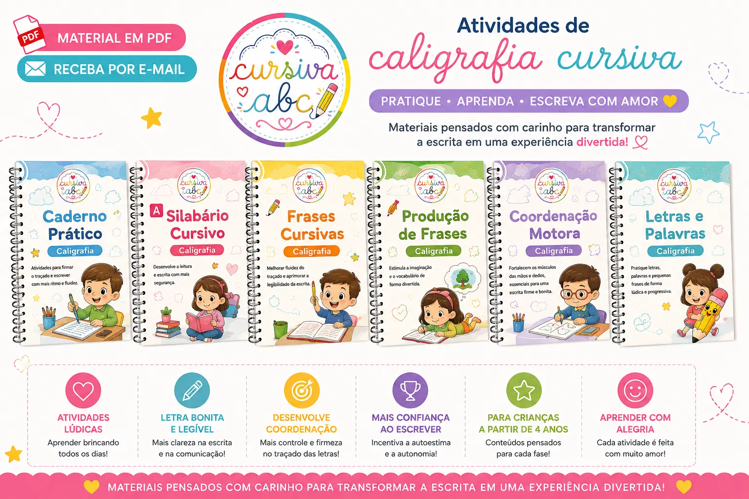 Coleção ilustrada de atividades de caligrafia cursiva Cursiva ABC