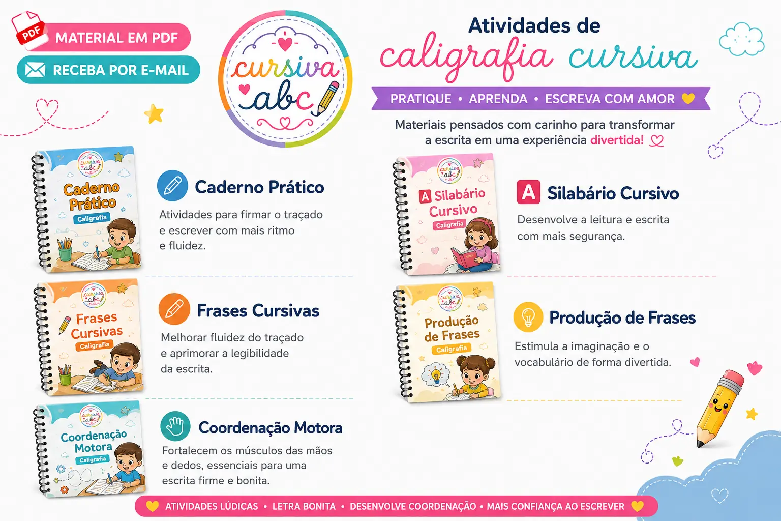 Apresentação dos cadernos e conteúdos de caligrafia cursiva