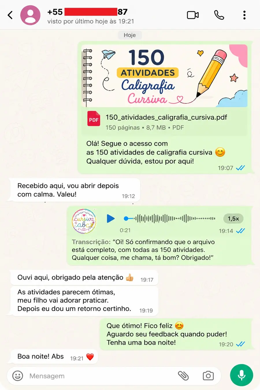 Conversa real confirmando o recebimento das atividades e elogiando o material
