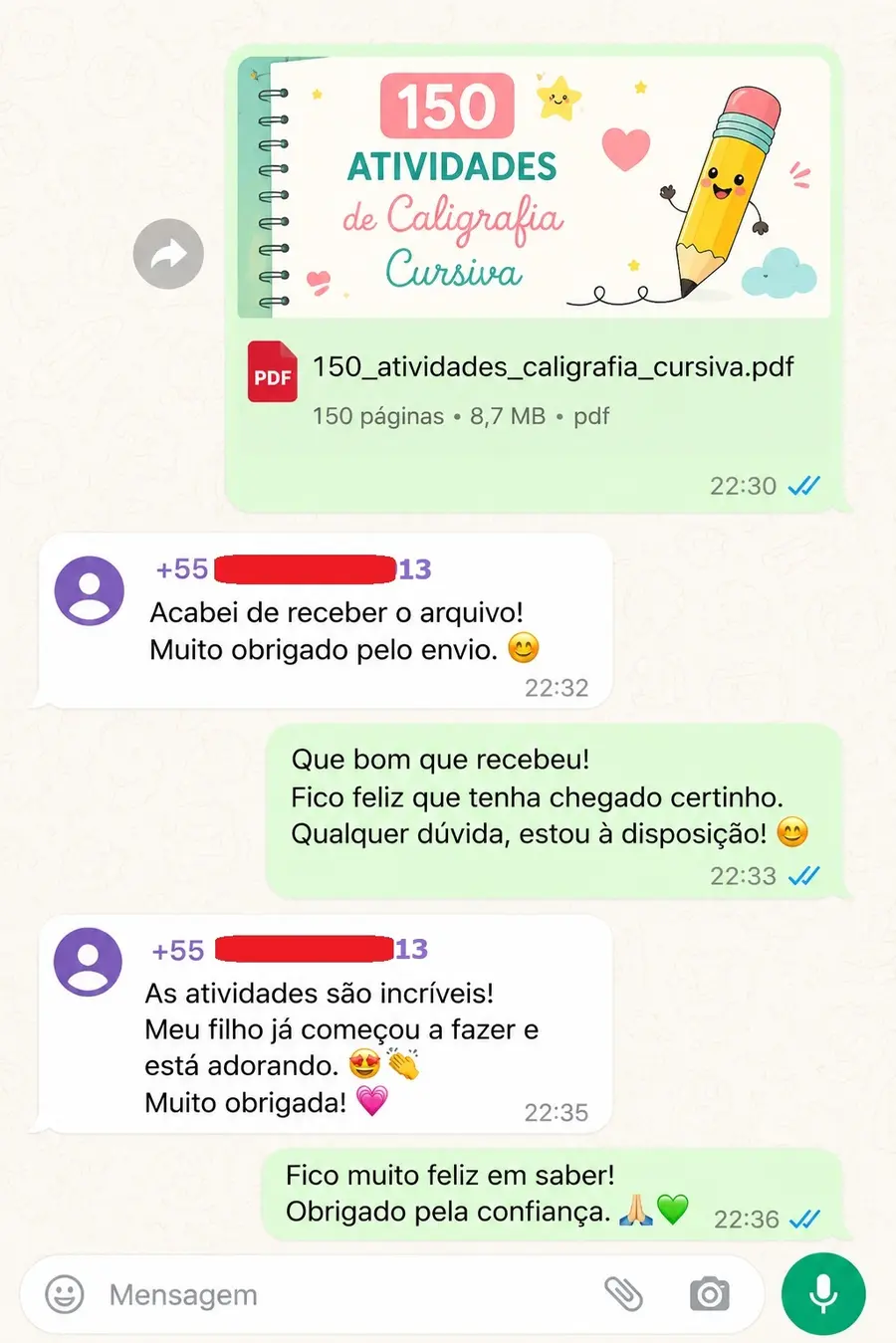 Conversa real de uma família dizendo que a criança começou as atividades e está adorando