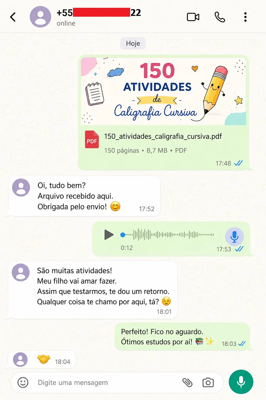 Conversa real destacando a quantidade de atividades e o interesse da criança