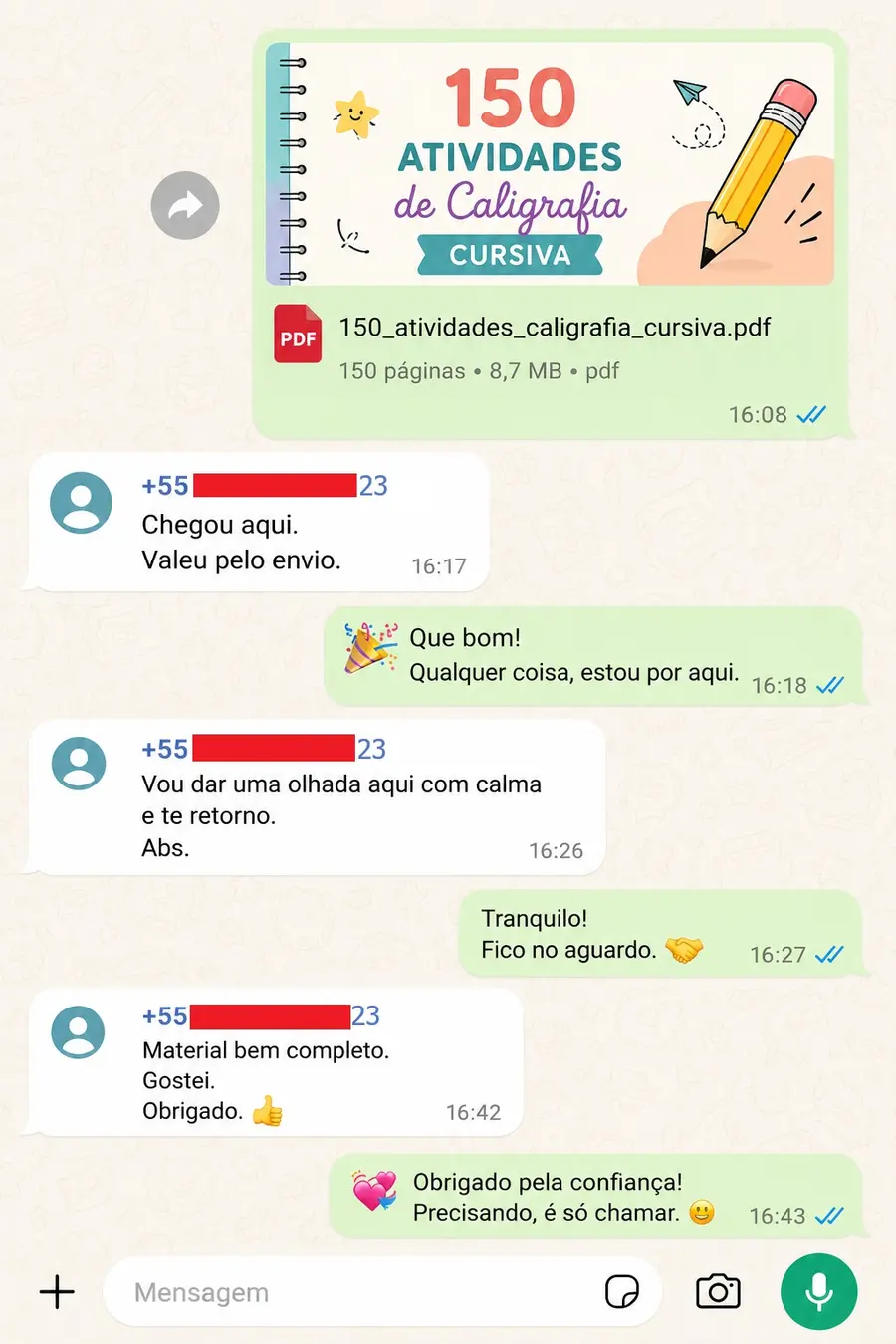 Conversa real avaliando o material como completo