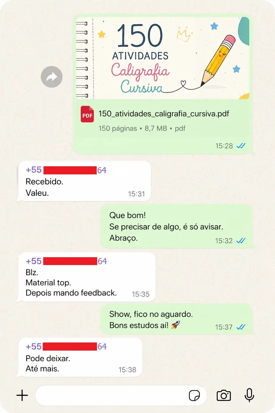 Conversa real confirmando o recebimento e elogiando o material