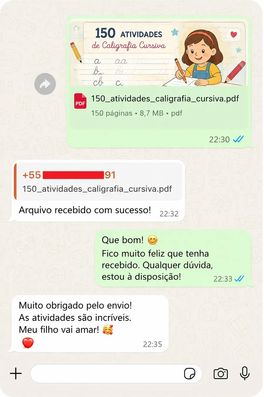 Conversa real agradecendo o envio e dizendo que a criança vai amar as atividades