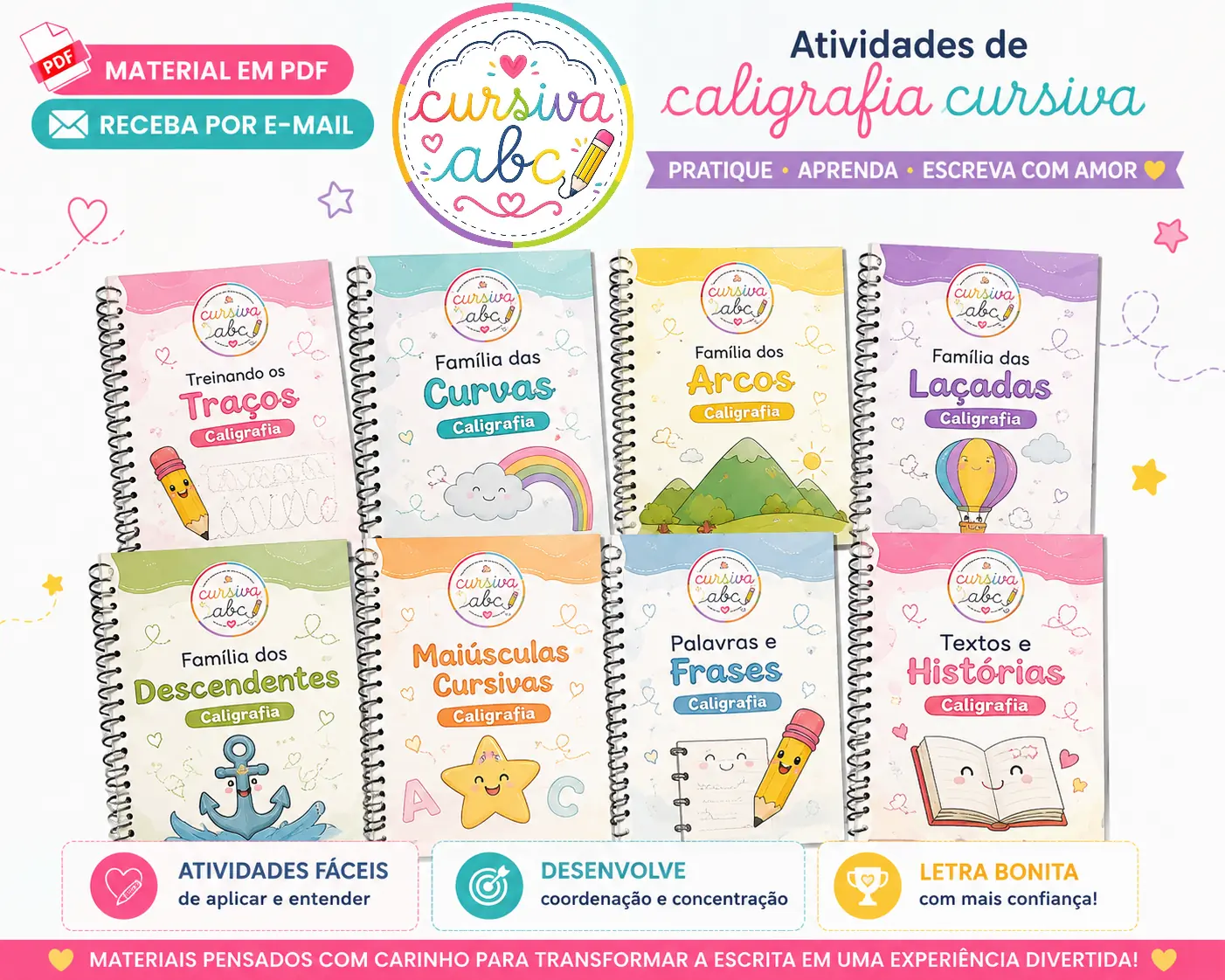 Conjunto de cadernos de atividades de caligrafia cursiva Cursiva ABC
